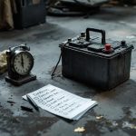 Checklist ferrailleur prix batterie au kilo : 6 points avant de vendre Batterie de voiture usagée posée sur le sol d’un garage, avec des documents de tri et une balance de pesée à proximité.