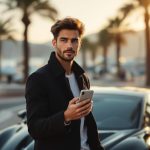 Comment découvrir le vrai nom de GMK et son parcours médiatique ? Portrait éditorial d’un jeune homme influenceur automobile à Monaco, tenant un téléphone près d’une supercar, avec une ambiance luxe et d’autres voitures en arrière-plan.