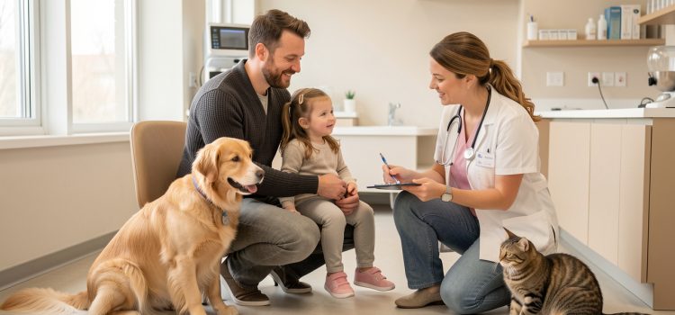 Une famille échange calmement avec une vétérinaire dans une clinique lumineuse, entourée d’un chien et d’un chat dans une ambiance rassurante.