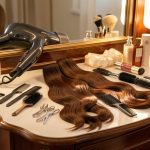 Outils de coiffage pour cheveux épais et longs : le nécessaire au quotidien Coiffeuse élégante et lumineuse avec sèche-cheveux, brosses, peignes et accessoires pour longs cheveux épais.