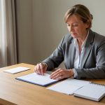 Comment comparer suspension et retrait d’agrément d’assistante familiale en urgence ? Une assistante familiale assise à une table organise un dossier administratif, des enveloppes vierges et un calendrier sans inscriptions dans un bureau sobre.