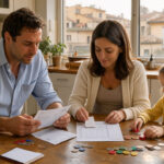 Une famille italienne examine des factures vierges, un ticket de caisse sans inscription et des éléments de budget sur une table de cuisine lumineuse à Rome.